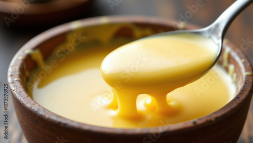 Spoonful of golden beef tallow being scooped from a clay dish into a saucepan or bowl.