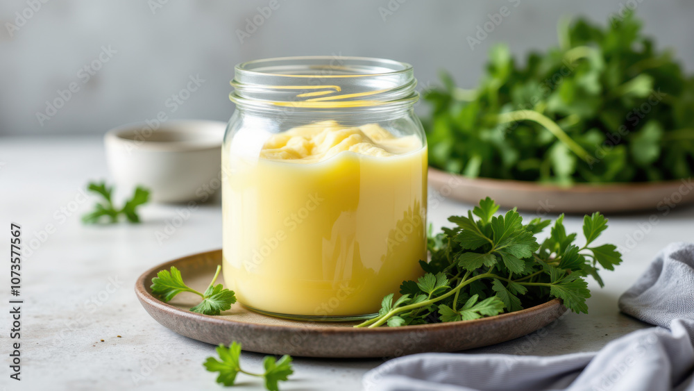 Mason jar filled with yellow liquid on wooden board surrounded by chopped herbs. Mason jar filled with yellow liquid on wooden board surrounded by chopped herbs.