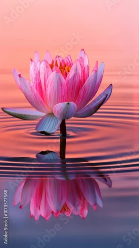 Pink lotus flower with reflection on water at sunset, tranquil nature scene concept