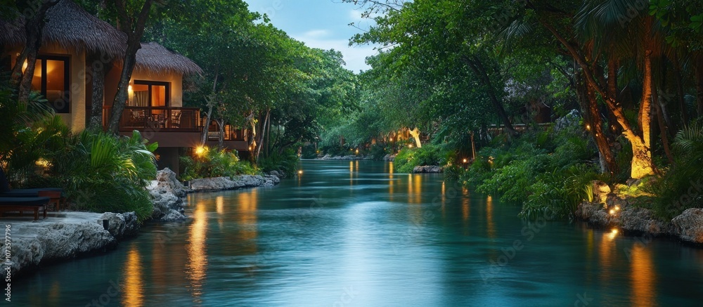 A serene canal flows through lush tropical greenery at dusk, with rustic cabins lining its banks. A serene canal flows through lush tropical greenery at dusk, with rustic cabins lining its banks.