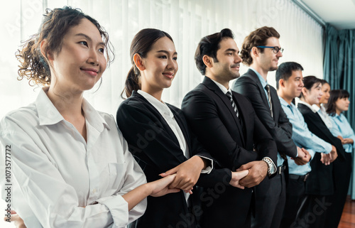 Modern diversity and multicultural company, business people joining hand together and standing in line, shared commitment to collaboration and cooperation concept background. Meticulous