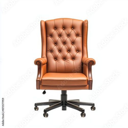 Enhance your workspace with a luxurious brown leather office chair isolated on a white background for optimal comfort and style