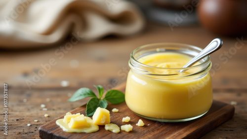 A jar filled with yellow spreadable substance on a wooden table, likely beef tallow or another type of fatty preserve. There are crumbled herbs and spices nearby. photo