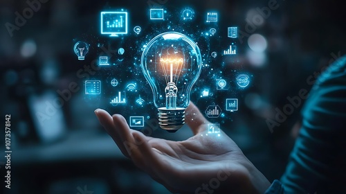 Hand holding an illuminated light bulb with digital icons, Business idea light bulb with technology icon