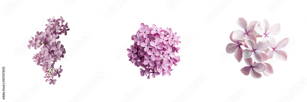Fototapeta premium beautiful cluster of light blush lilac flowers in various arrangements, isolate white background