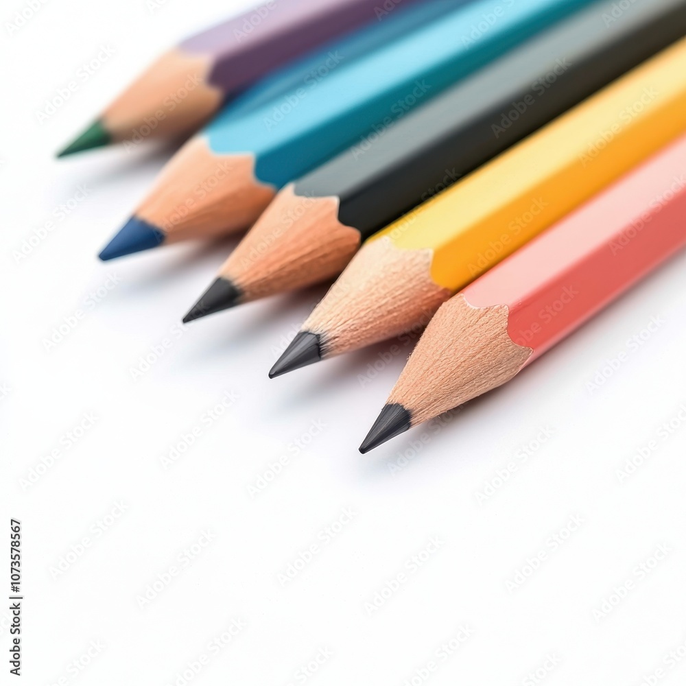 Brightly colored pencils lined up perfectly on a white background for creative inspiration Brightly colored pencils lined up perfectly on a white background for creative inspiration