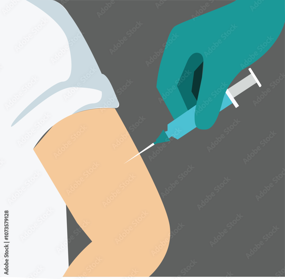 Hand in blue medical glove holds syringe with vaccine and gives injection into patient shoulder.