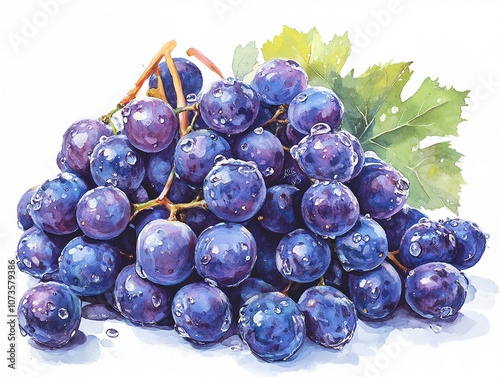 A pile of purple grapes, with water drops on the grapes, including intact grapes and peeled grapes, very appetizing, advertising picture, white background,