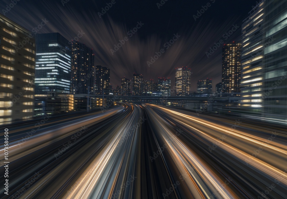 Fototapeta premium High-Speed Train Through Cityscape at Night