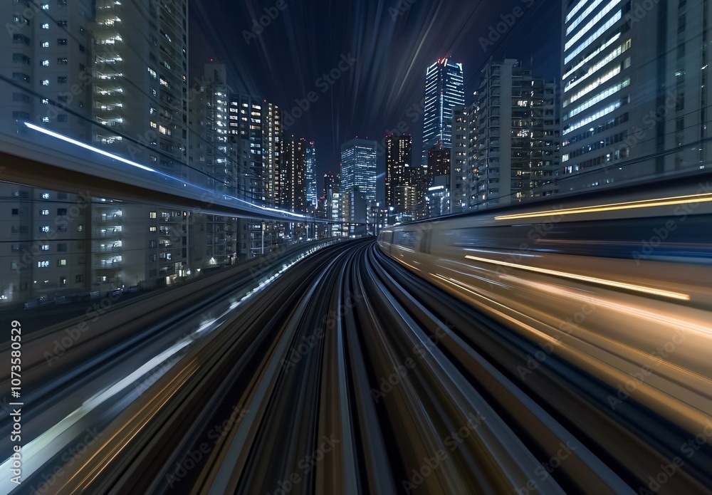 Fototapeta premium High-Speed Train Motion Blur Cityscape at Night