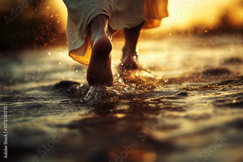 A serene depiction of the calming waters where Jesus walked, with soft, golden light illuminating his graceful steps photo