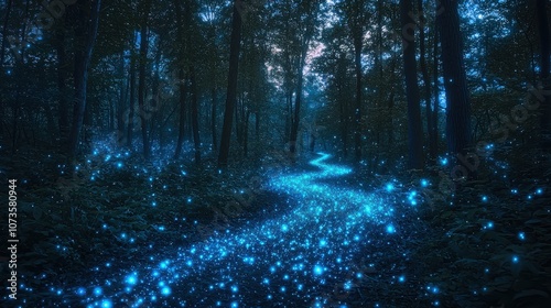 A glowing forest with bioluminescent trees and neon pathways under a star-filled digital sky The plants emit a mystical glow illuminating the forest with soft hues A captivating and peaceful 