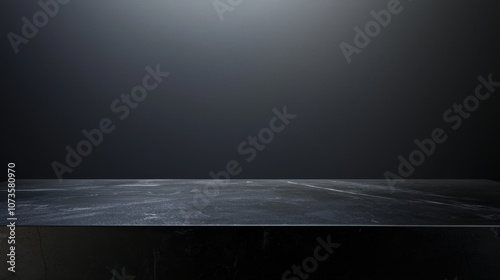 Fototapeta Naklejka Na Ścianę i Meble -  Black wall background with stone top surface in front. Dark wall of studio, room, stand for product display or photo. Luxury modern minimalist backdrop