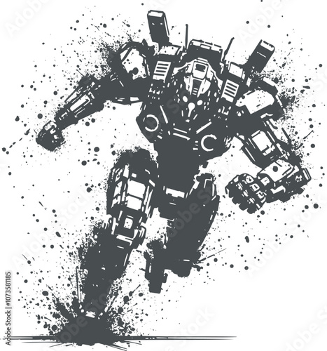 Dynamic Silhouette of a Mechanical Warrior in Ink Splash Style