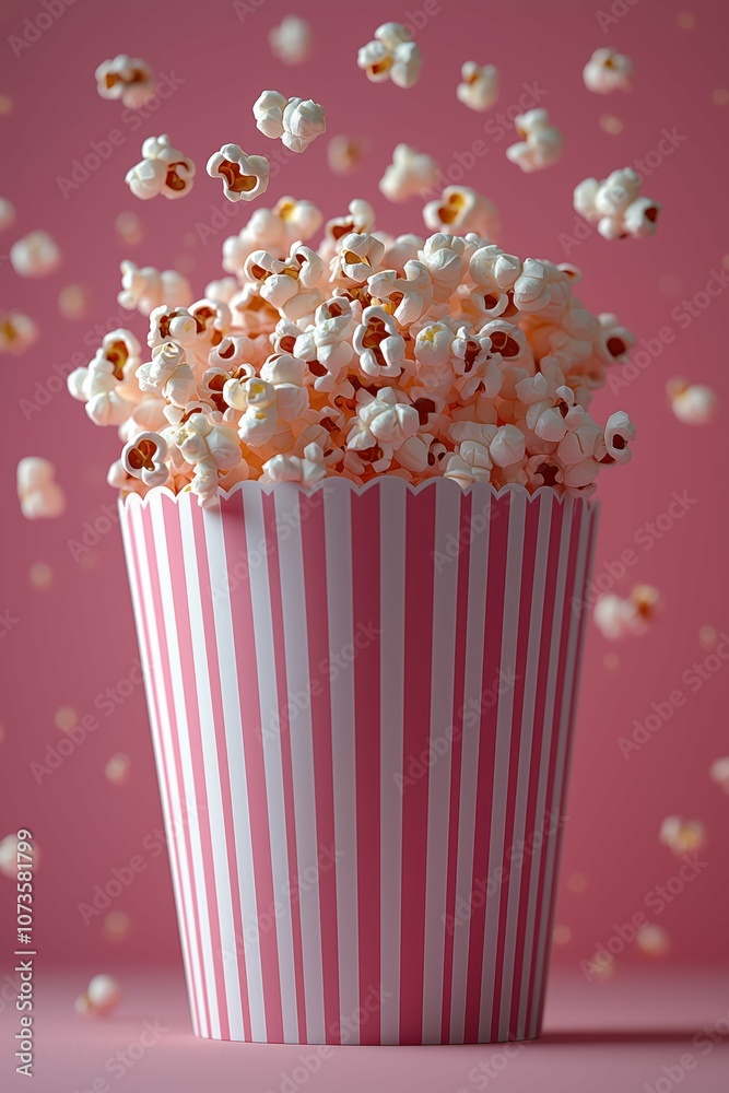 White popcorn in box with pink and white stripes. White popcorn in box with pink and white stripes.
