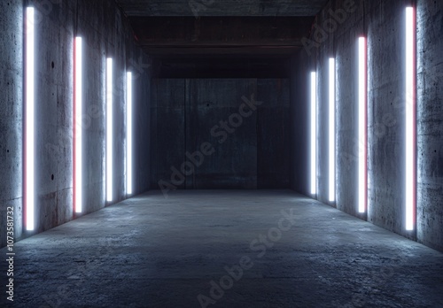Glowing Neon Lights In Dark Concrete Room