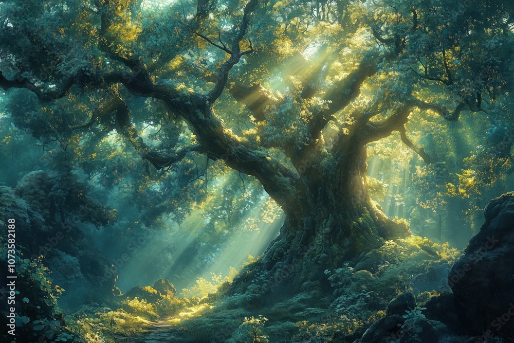 A mystical forest where ancient trees stand tall, their branches intertwined to form a natural cathedral. Soft sunlight filters through the canopy, creating a peaceful and sacred sanctuary A mystical forest where ancient trees stand tall, their branches intertwined to form a natural cathedral. Soft sunlight filters through the canopy, creating a peaceful and sacred sanctuary
