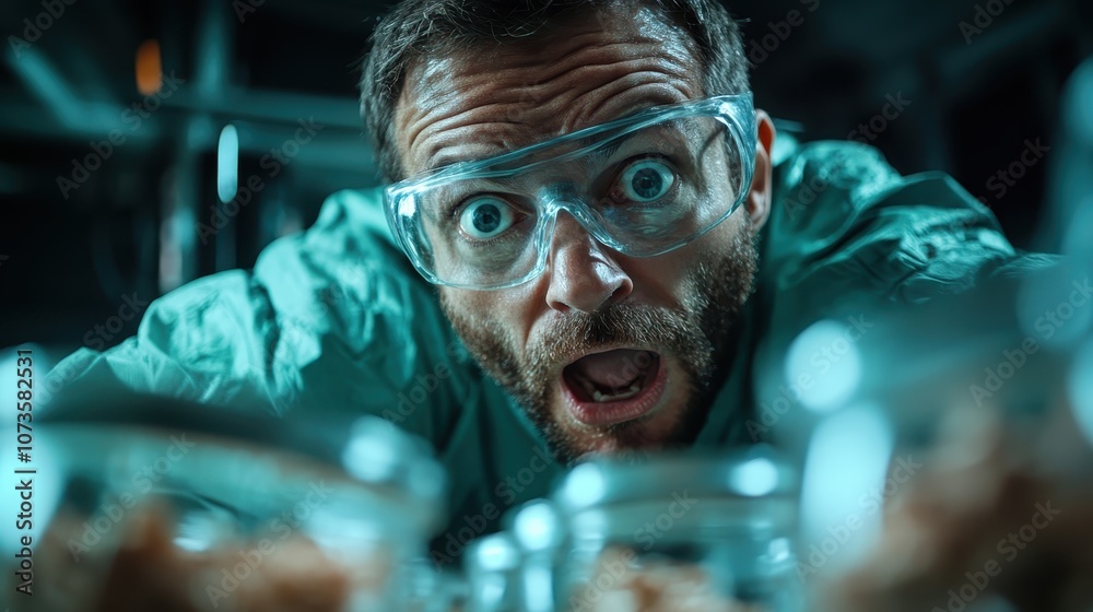 A scientist captured mid-expression in a lab, wearing protective goggles, expressing surprise or discovery, surrounded by blurred equipment and laboratory ambiance.