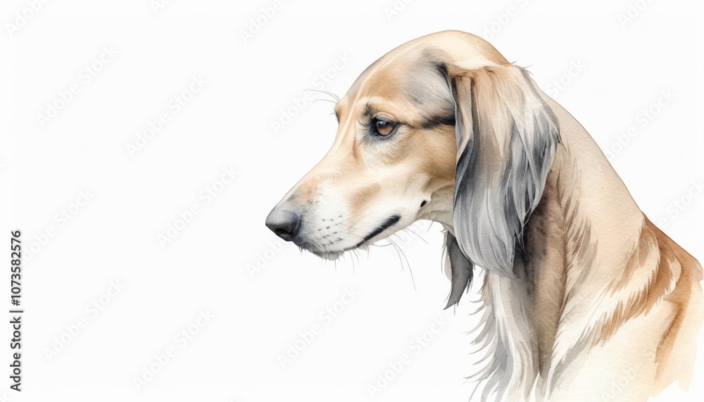A detailed watercolor sketch of a dog showcasing its elegant profile with ample copyspace, perfect for personalizing messages or notes about pets A detailed watercolor sketch of a dog showcasing its elegant profile with ample copyspace, perfect for personalizing messages or notes about pets