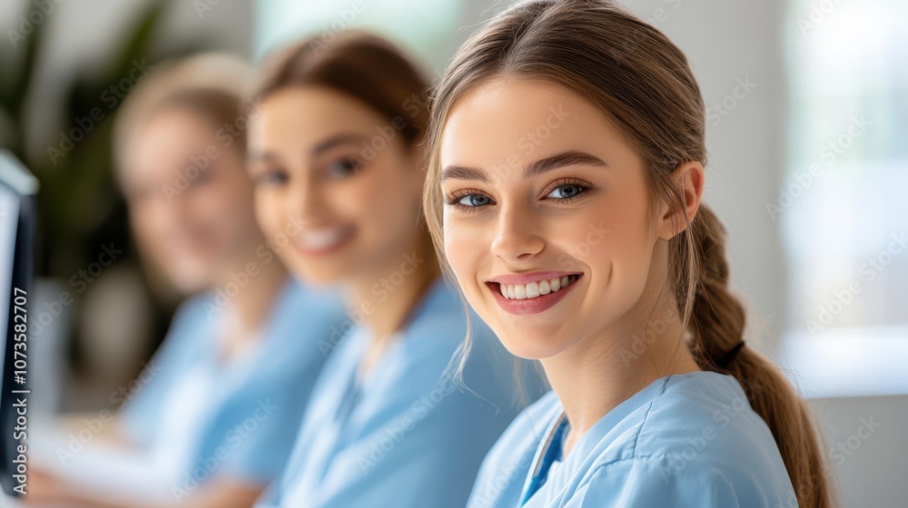 Smiling Female Health Workers in Scrubs Collaborating in a Bright and Modern Office Environment, Spreading Positivity and Professionalism in Healthcare Settings Smiling Female Health Workers in Scrubs Collaborating in a Bright and Modern Office Environment, Spreading Positivity and Professionalism in Healthcare Settings