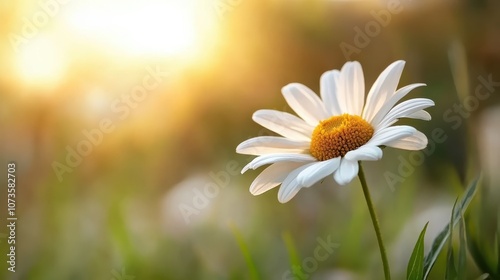Fototapeta Naklejka Na Ścianę i Meble -  A single daisy stands in focus amid a softly blurred meadow, with the warm glow of sunlight in the background creating a serene, peaceful scene full of natural beauty.
