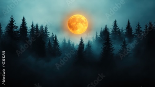 An evocative image capturing the full moon illuminating a misty forest, highlighting the silhouettes of tall pine trees against a tranquil night sky. photo