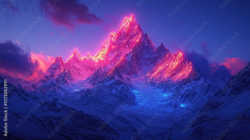A neon mountain peak with glowing rocks and bioluminescent snow shining under a digital twilight sky Soft colors radiate from the mountaintop adding a magical quality to the rugged terrain A A neon mountain peak with glowing rocks and bioluminescent snow shining under a digital twilight sky Soft colors radiate from the mountaintop adding a magical quality to the rugged terrain A