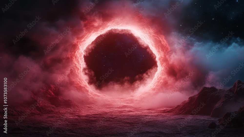 A haunting red portal encircled by swirling smoke and dark space with a sense of mystery as the ethereal gateway beckons with its eerie and mystical allure. A haunting red portal encircled by swirling smoke and dark space with a sense of mystery as the ethereal gateway beckons with its eerie and mystical allure.