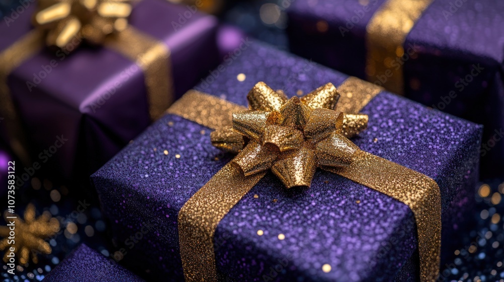 Purple and gold wrapped gifts with a golden bow. Purple and gold wrapped gifts with a golden bow.