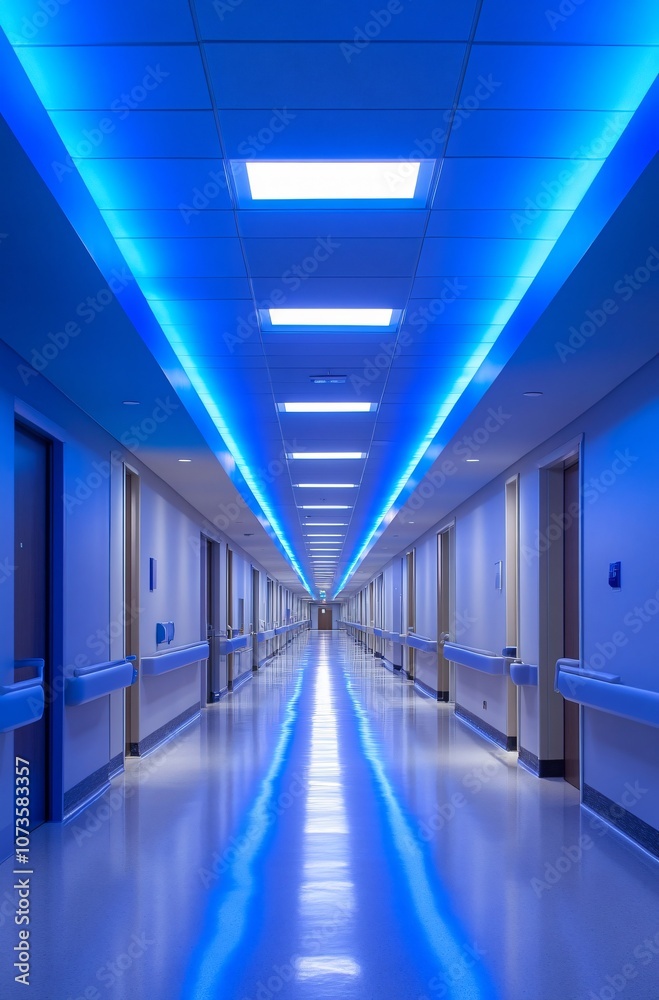 Blue Lit Hospital Corridor Perspective Blue Lit Hospital Corridor Perspective