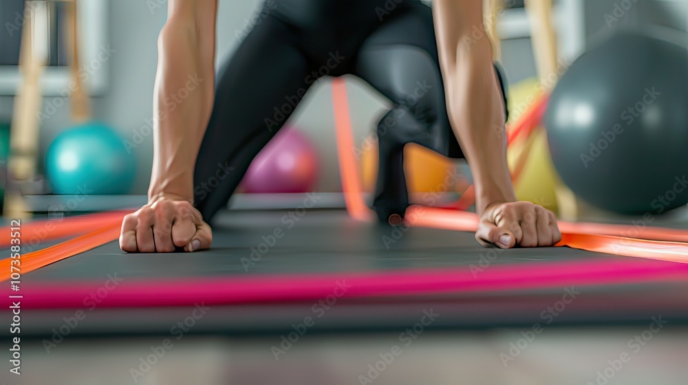 Close-up of a Pilates instructor demonstrating a stretch with resistance bands on a mat. Close-up of a Pilates instructor demonstrating a stretch with resistance bands on a mat.
