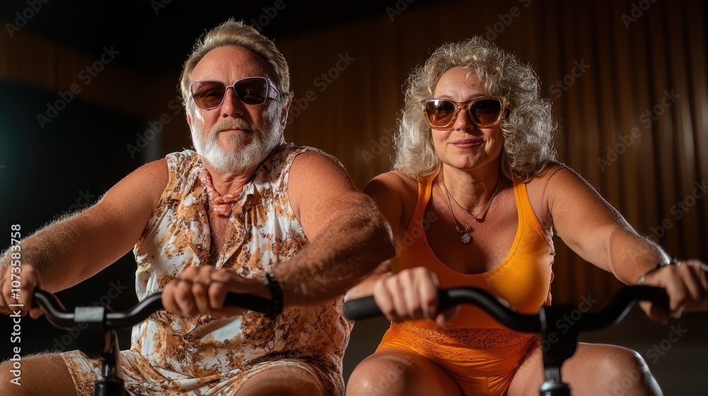 Obraz premium An elderly couple energetically cycles together indoors, wearing vibrant and stylish outfits, embodying vitality and the joy of staying active in their senior years.