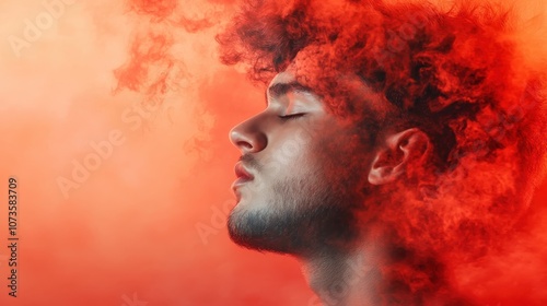 A serene male profile is wrapped in vibrant red smoke, invoking passion and creativity, creating a powerful image with strong contrast between person and wispy color.