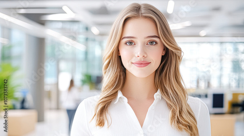 Free Download A woman with long blonde hair is smiling for the camera in a white shirt - GFXLoad
