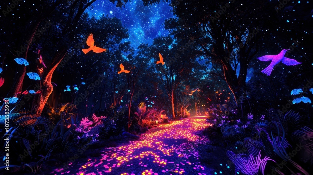 Fototapeta premium A sprawling neon jungle with glowing vines and bioluminescent trees under a starry digital sky Digital birds soar above casting colorful shadows on the forest floor A lush magical jungle scene 