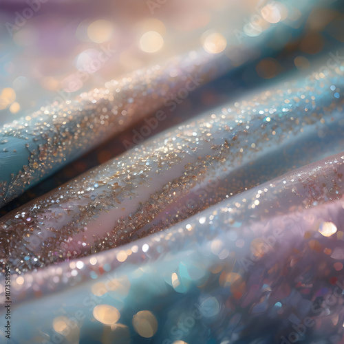 A soft-focus close-up of a glittering chiffon fabric with fine photo