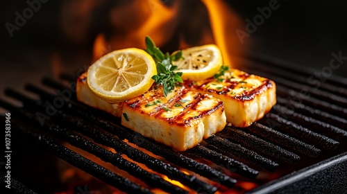 Grilled halloumi cheese with lemon slices over flames