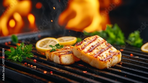 Grilled halloumi cheese with lemon and herbs on barbecue