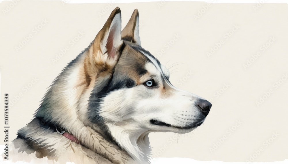 Obraz premium A serene watercolor sketch of a husky dog showcasing its striking blue eyes, featuring ample copyspace for text and related content, ideal for design or creative projects