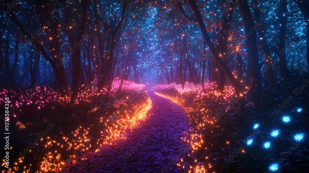 Fototapeta premium A vibrant neon forest with glowing plants and holographic vines under a starry digital sky Bioluminescent flowers light up the forest floor adding a mystical quality A captivating digital forest
