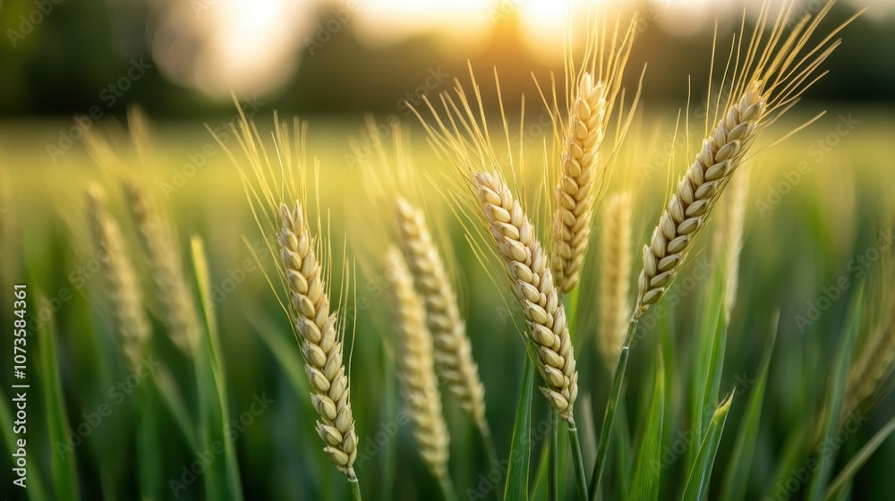 Close-up view of vibrant green wheat plants bathed in sunlight, capturing the essence of growth and nature's vitality, in a sunlit agricultural landscape. Close-up view of vibrant green wheat plants bathed in sunlight, capturing the essence of growth and nature's vitality, in a sunlit agricultural landscape.