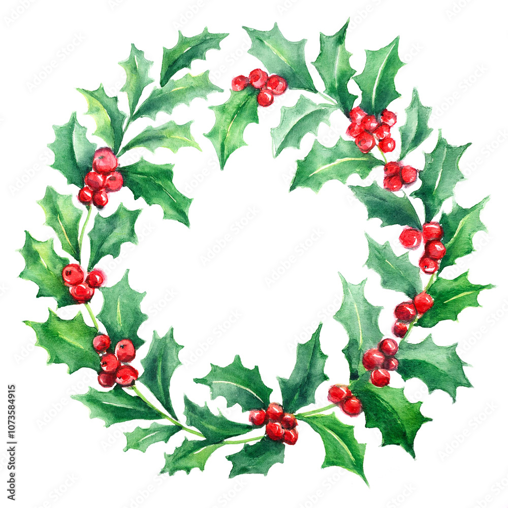 Watercolor holly wreath on white background, with rich red berries and deep green leaves. Vintage Christmas wreath. Perfect for holiday cards, xmas decor and seasonal artwork Watercolor holly wreath on white background, with rich red berries and deep green leaves. Vintage Christmas wreath. Perfect for holiday cards, xmas decor and seasonal artwork