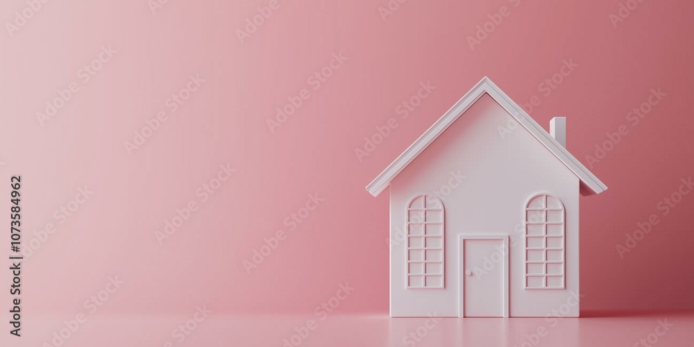 A minimalist white house model sits against a soft pink background, emphasizing simplicity and warmth in design. A minimalist white house model sits against a soft pink background, emphasizing simplicity and warmth in design.