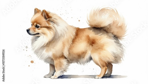 A charming watercolor sketch of a fluffy dog standing gracefully against a minimalist background, showcasing vibrant colors and playful textures during a quiet afternoon
