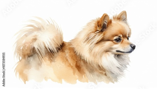 A charming watercolor sketch of a fluffy dog standing gracefully against a blank background, capturing the warmth and personality of this beloved companion photo