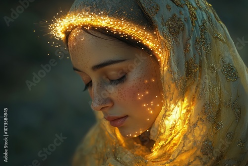 A golden halo encircling the head of a humble saint depicted in a traditional religious painting, with soft candlelight illuminating the sacred artwork. 