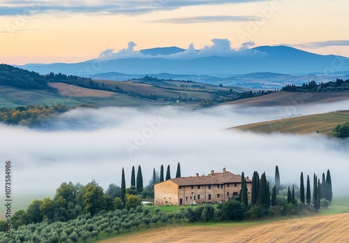 Tuscany Farmhouse in Misty Morning Landscape