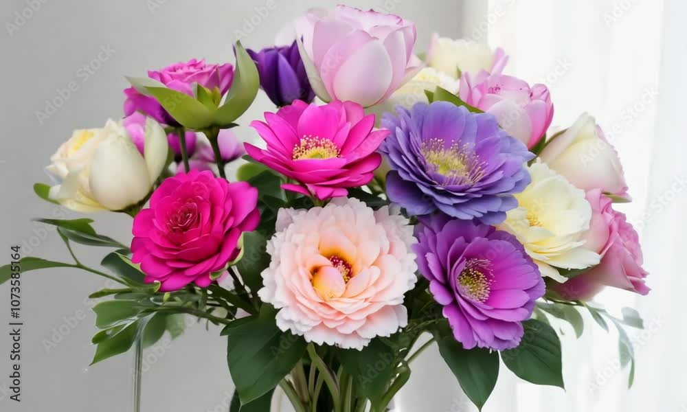 A bouquet of flowers with pink, purple, and yellow flowers. The flowers are arranged in a vase and are in full bloom. The bouquet is a colorful and cheerful display that brings a sense of joy A bouquet of flowers with pink, purple, and yellow flowers. The flowers are arranged in a vase and are in full bloom. The bouquet is a colorful and cheerful display that brings a sense of joy