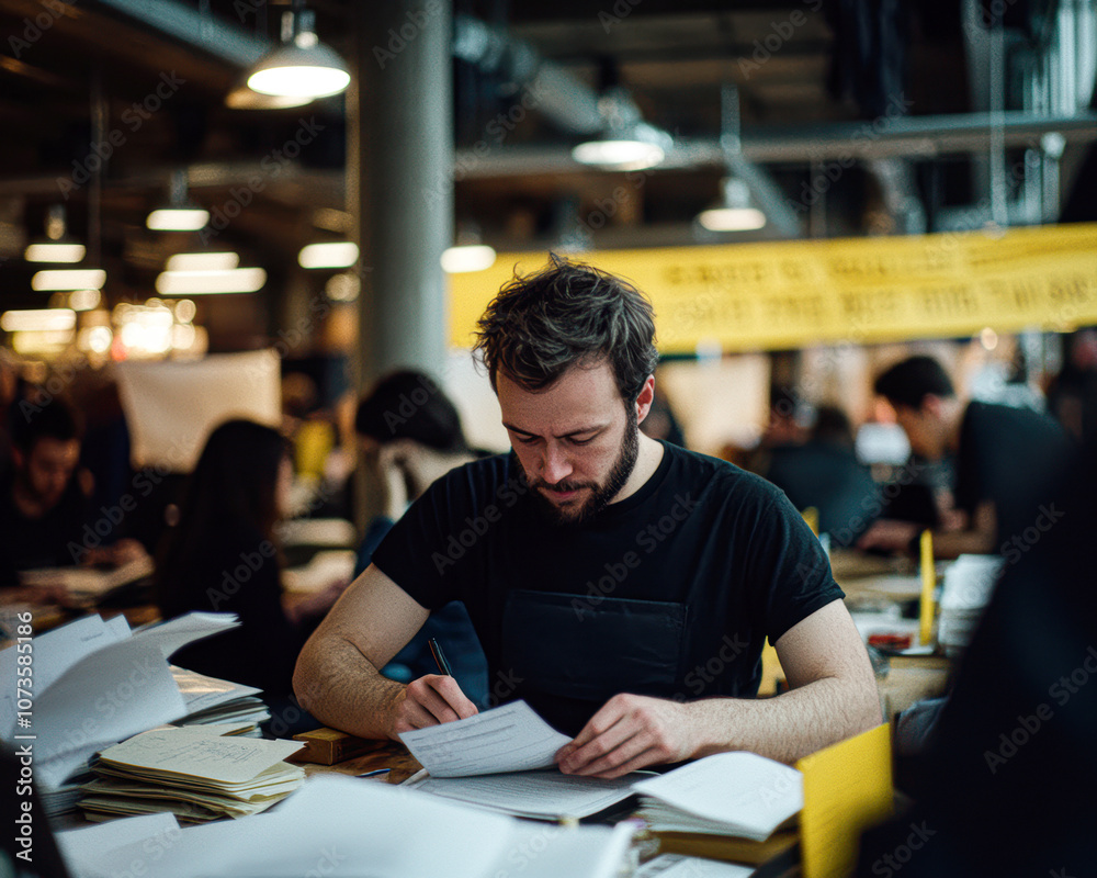A man is sitting at a desk with a stack of papers in front of him A man is sitting at a desk with a stack of papers in front of him