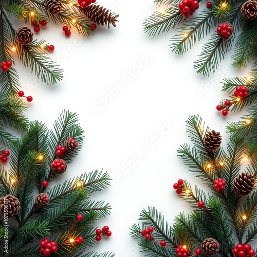 Christmas border with fir branches and cones on white frame christmas isolated